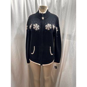 Quacker Factory Black Full Zip Cardigan Snowflakes Beaded Embroidered Sz L #1259